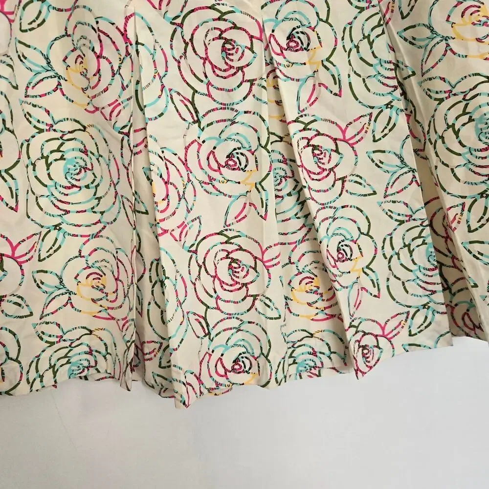 Vintage 90s Lilly Pulitzer Silk Skirt Floral Spring Pleated Claire Ivory Women 8